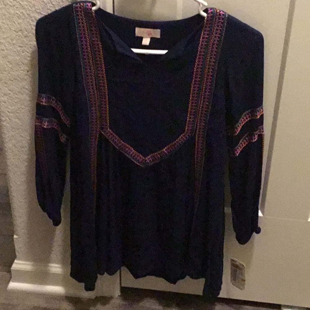 Navy tunic,  turquoise, pink and orange stitching